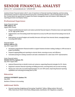 Senior financial analyst resume using a red and white template.