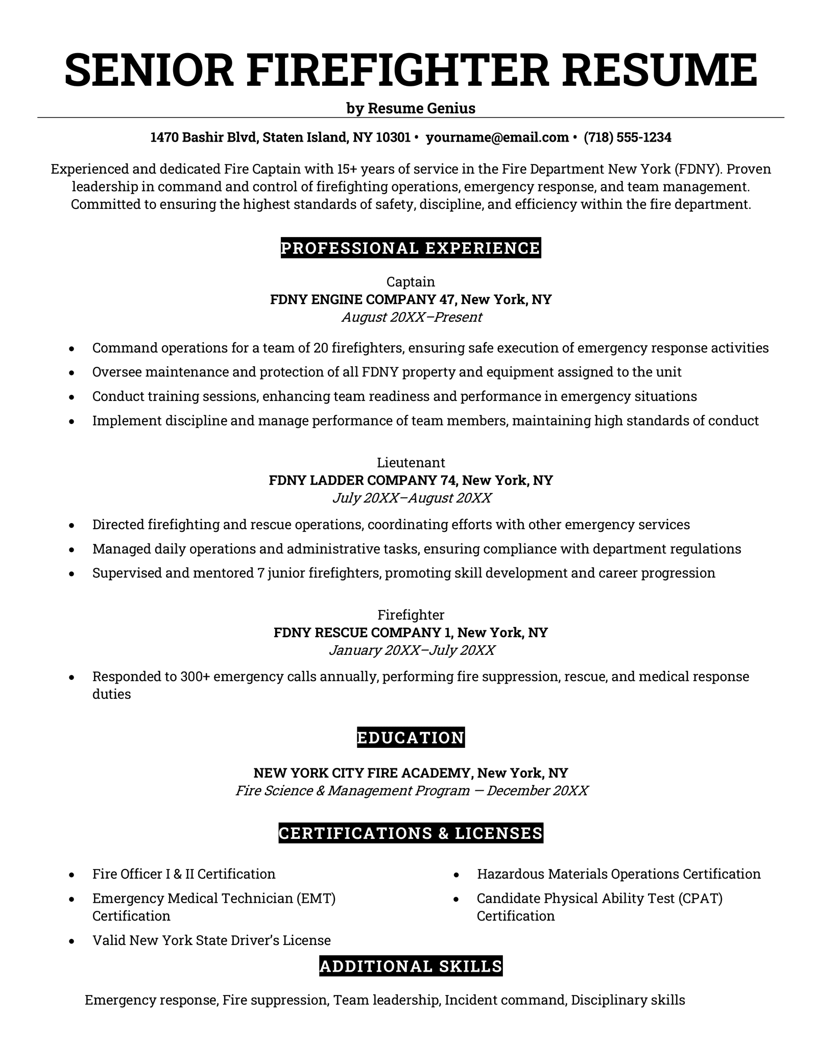 3 Firefighter Resume Examples amp - Senior Firefighter Captain Resume Example Free Download