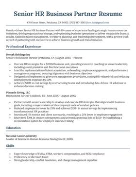 Senior HR Business Partner resume example and template