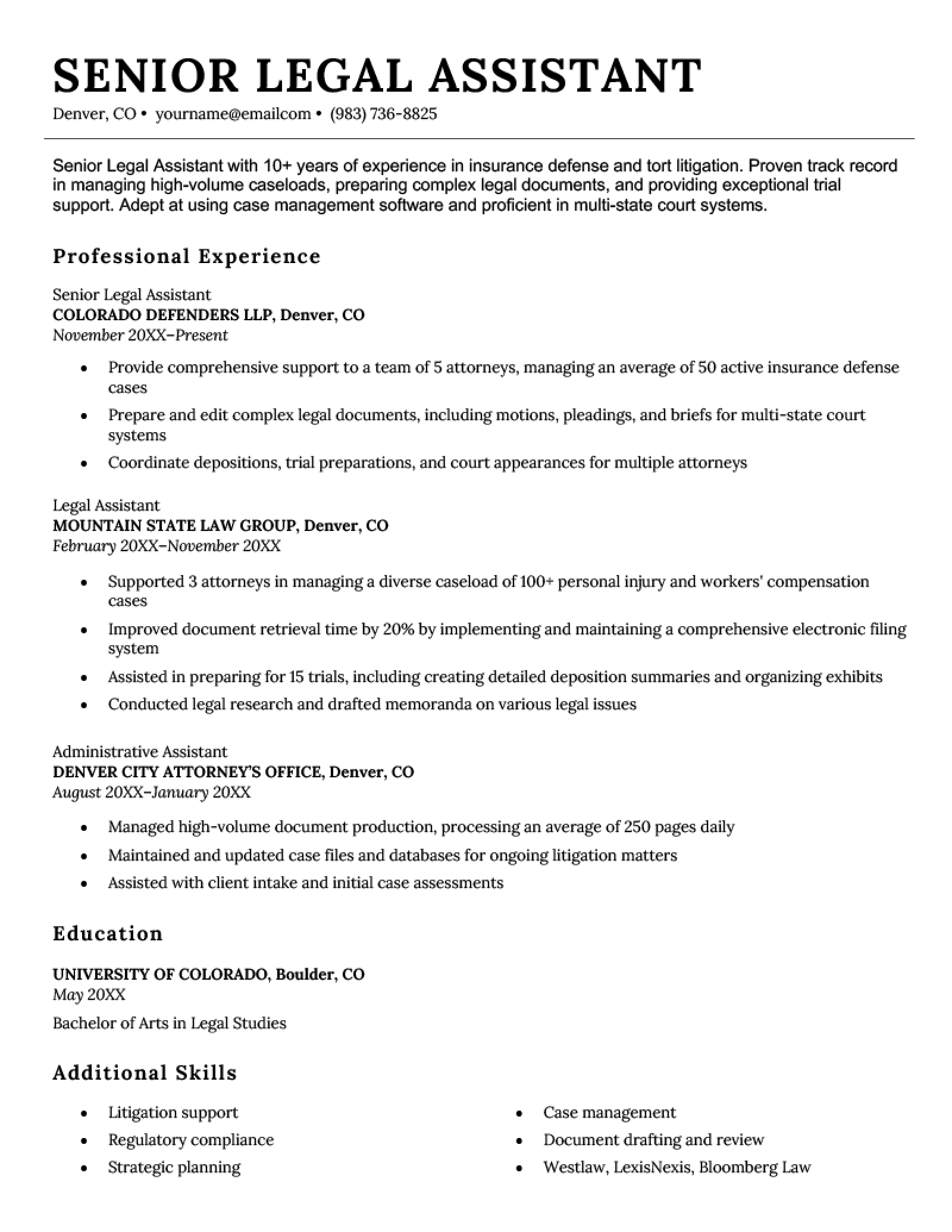 A senior legal assistant resume using a black and white template.