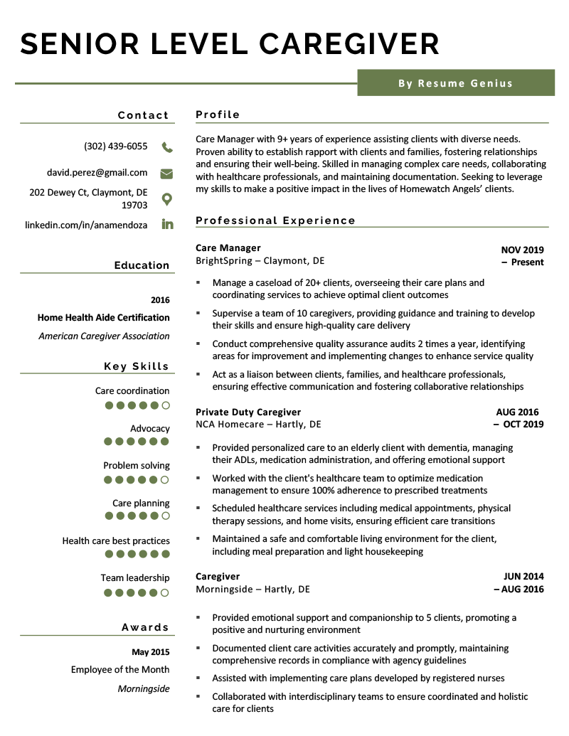 A senior level caregiver resume on a template with green highlights written by an experienced care manager.