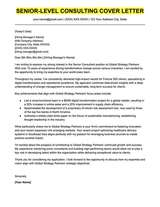 An example cover letter for a senior-level consulting position.