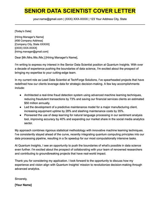 An example cover letter for a senior-level data scientist.
