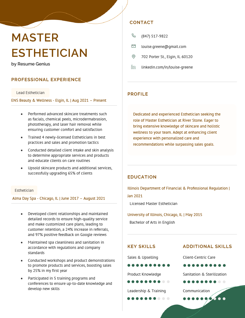 An example of an esthetician resume for a senior-level candidate on a modern two-column template with brown and green accents.