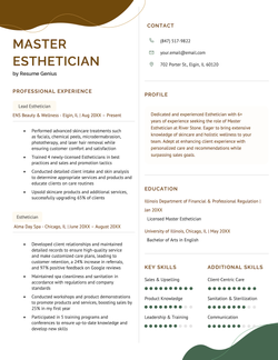 An example resume for a master esthetician.