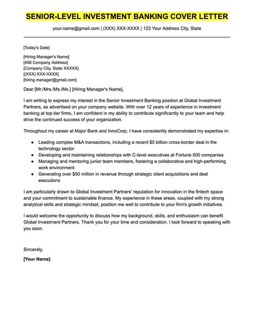 An example cover letter for a senior-level investment banker.