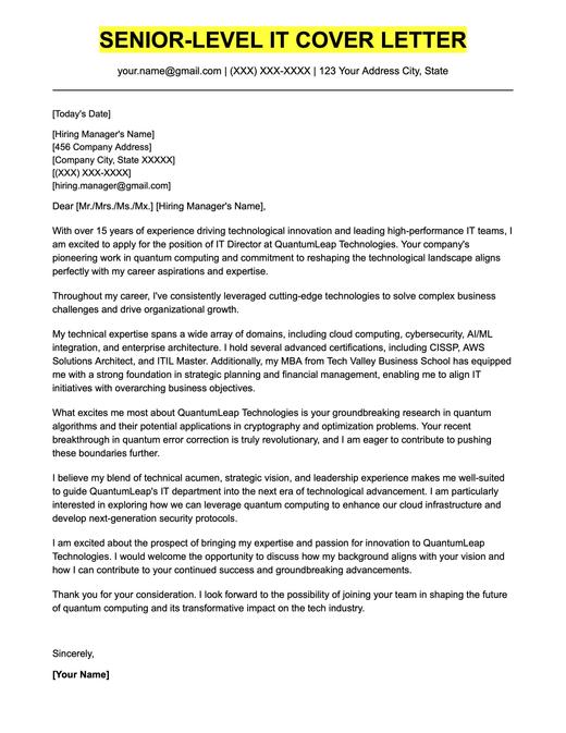 An example cover letter for a senior-level IT position.