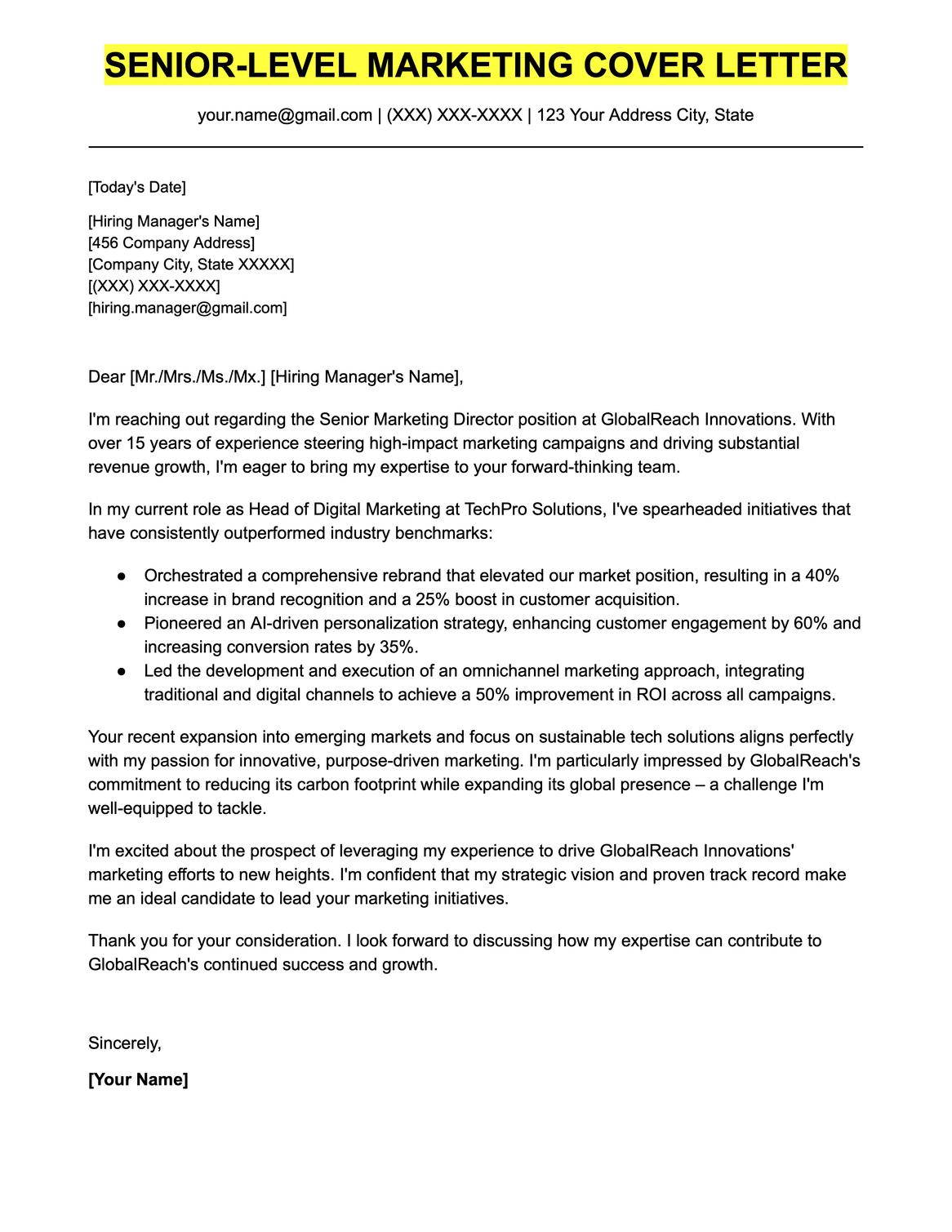 Marketing Cover Letter Example and Template