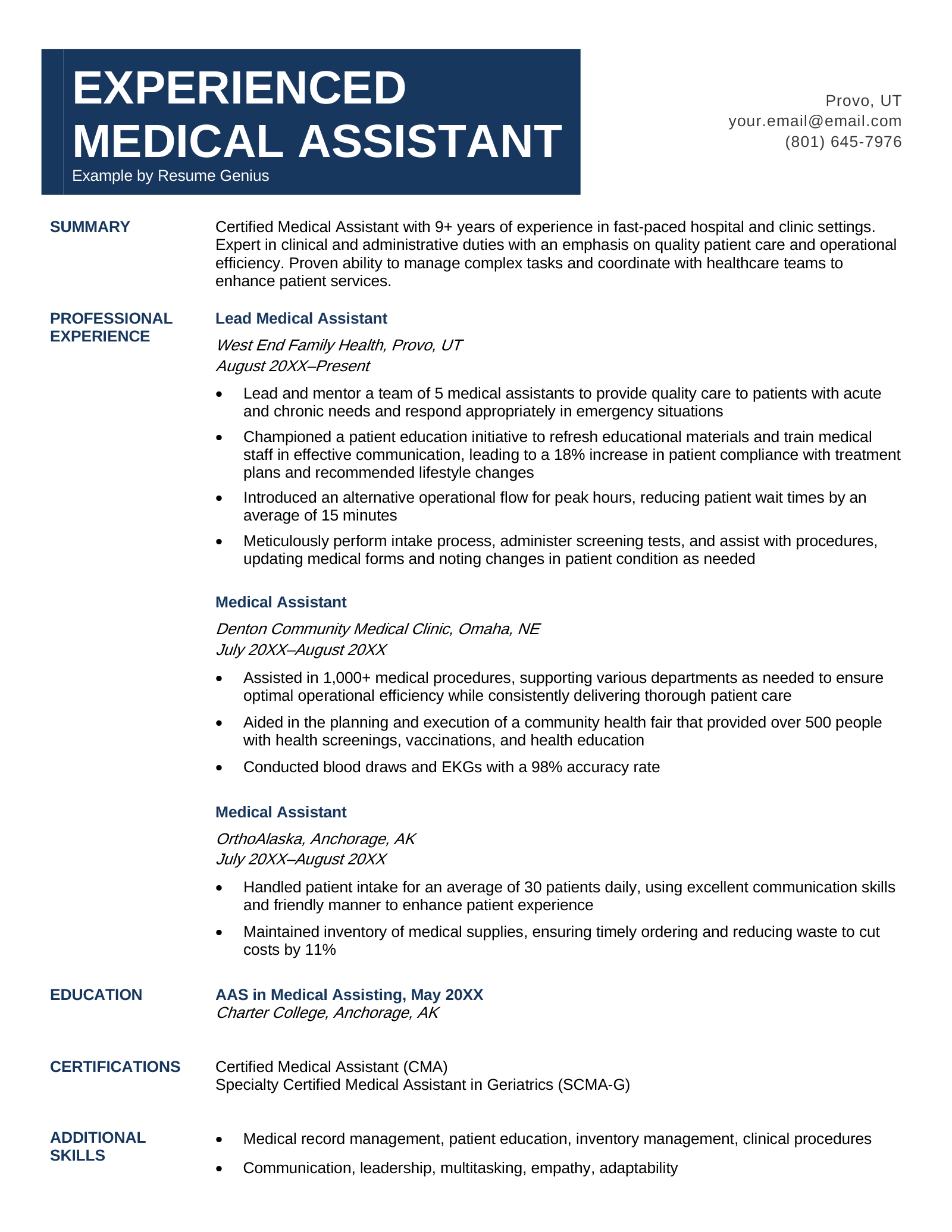 An example of an experienced medical assistant resume on a simple template with a blue color block header.