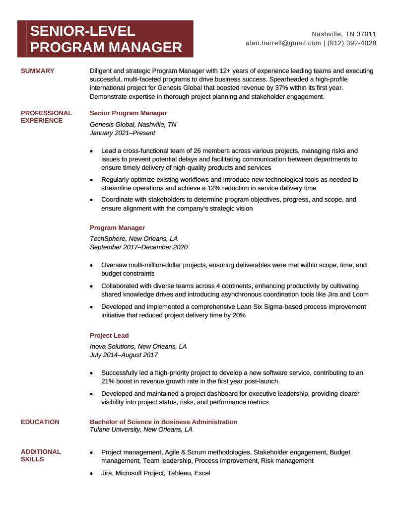 An example of a senior-level program manager resume on a simple template with a dark red header bar.