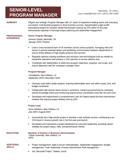 An example of a senior-level program manager resume on a simple template with a dark red header bar.