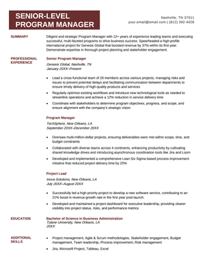 An example of a senior-level program manager resume on a simple template with a dark red header bar.