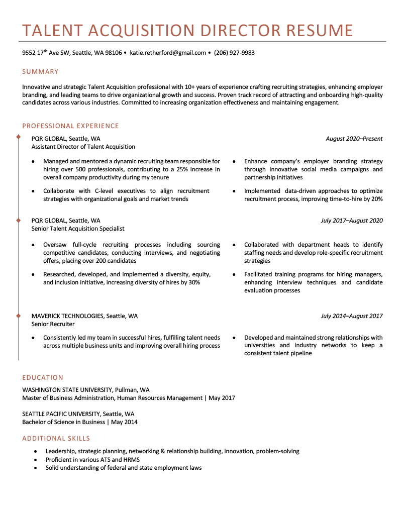 An example resume for a senior level recruiter showing career progression