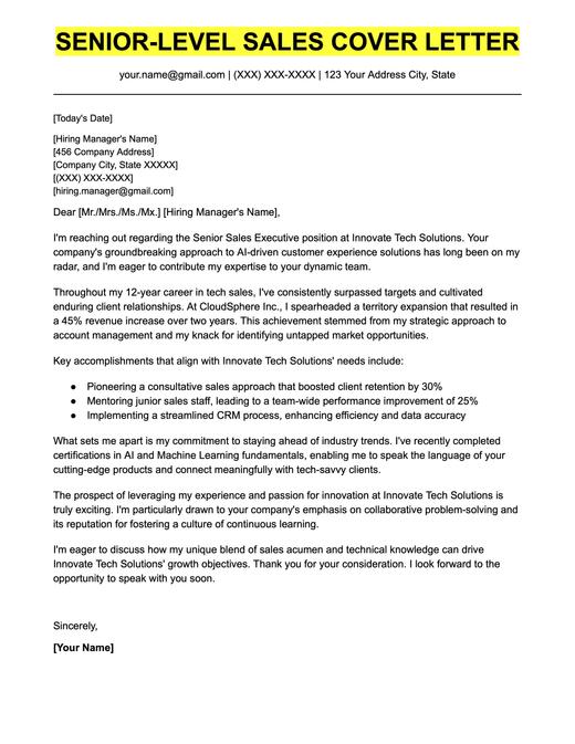 An example cover letter for a senior-level sales position.