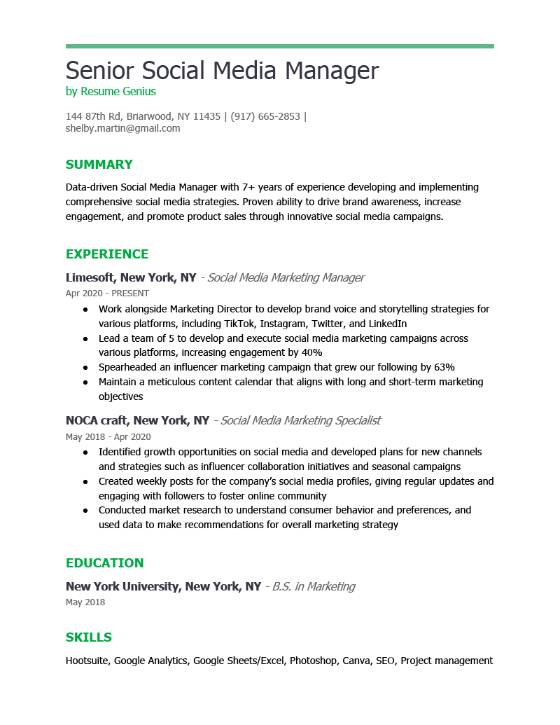 An example of a senior social media manager resume on a simple template with green accents and header text.