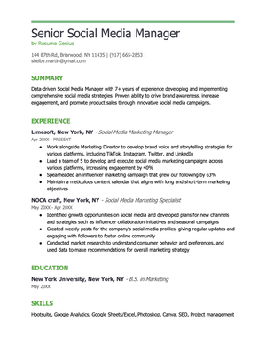 An example of a senior social media manager resume on a simple template with green accents and header text.