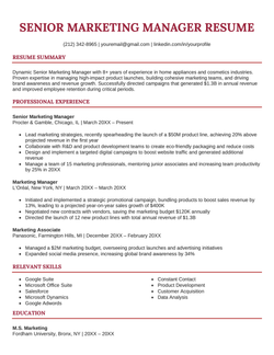 An example resume for a senior marketing manager position.