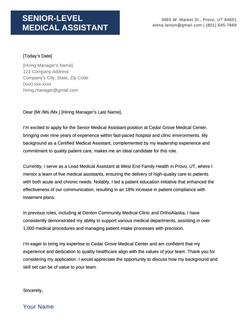 A senior-medical assistant cover letter using a blue template.