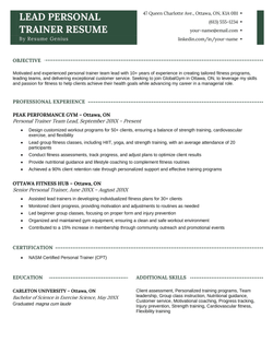 A senior personal trainer (supervisor) resume example.