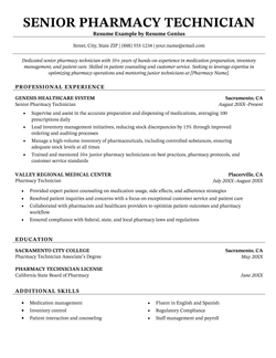 A senior pharmacy technician resume example.