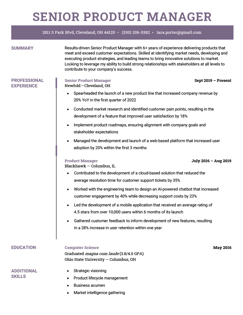 A senior product manager resume with a simple, professional layout and a violet header.