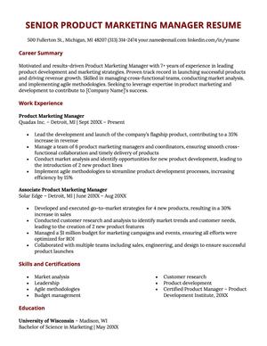 A senior product marketing manager resume example.