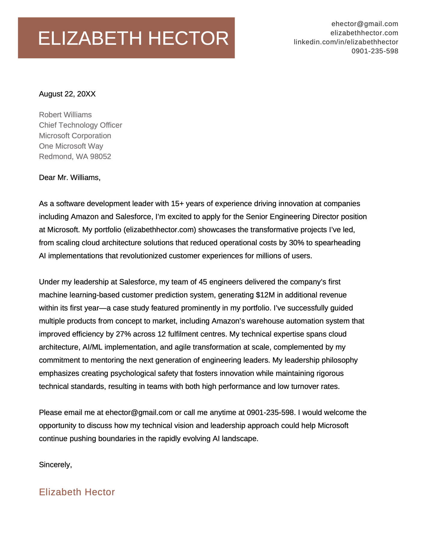 A great example of an senior-level cover letter to accompany a portfolio and resume. 