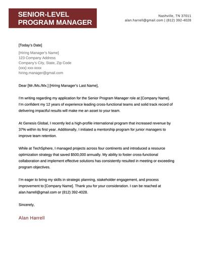 A senior program manager cover letter example using a red template.