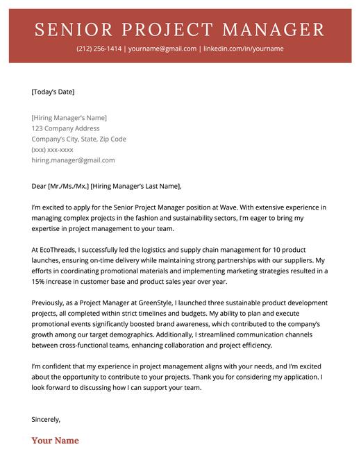 A senior-level project manager cover letter using a brick red template.
