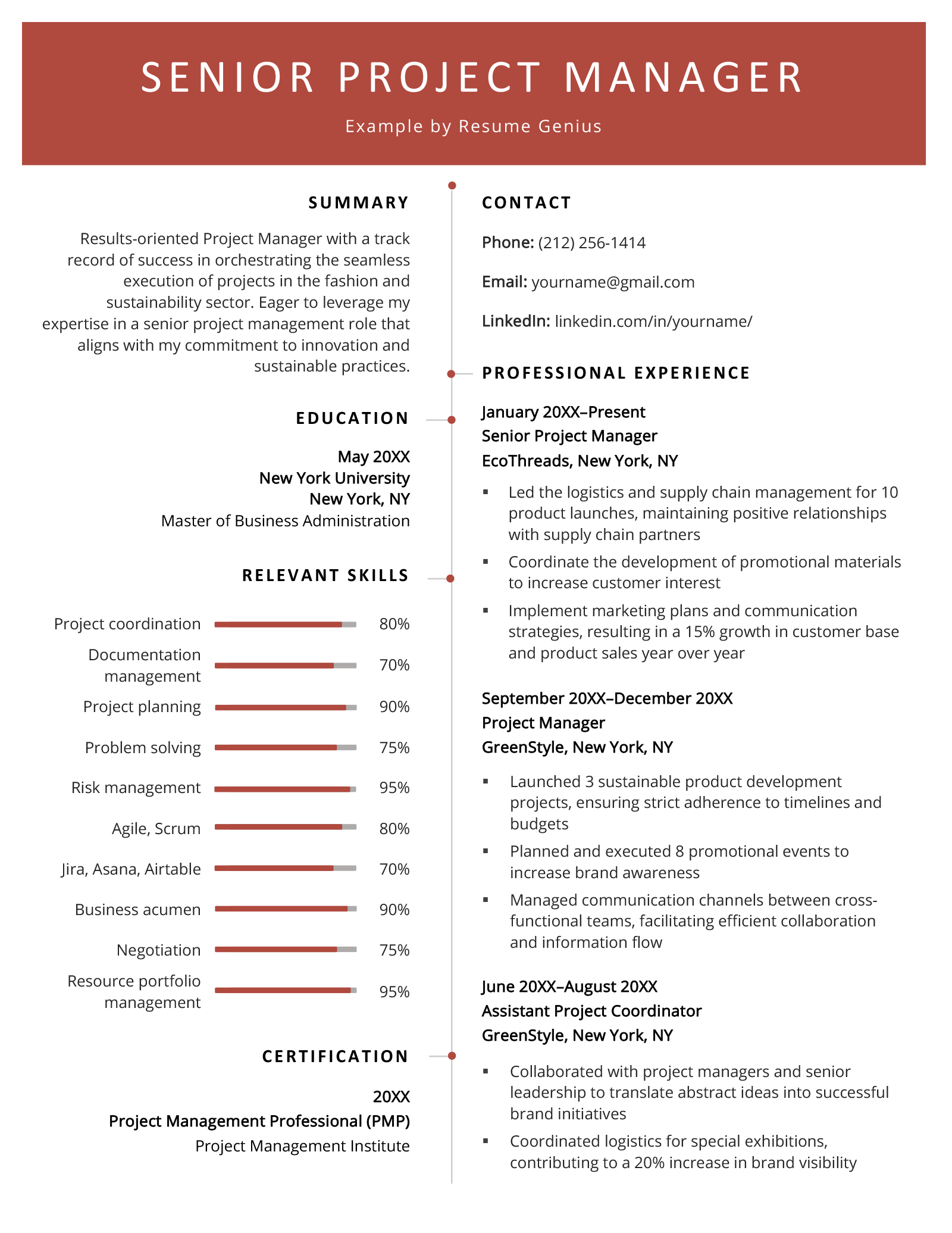 A senior project manager resume sample on a template with a wide red header and red skill bars.