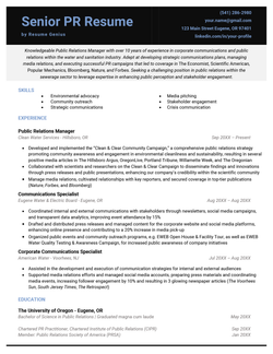 An example of a senior public relations resume.