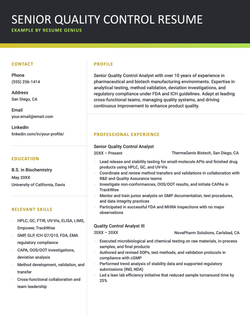 A senior-level quality control resume example.