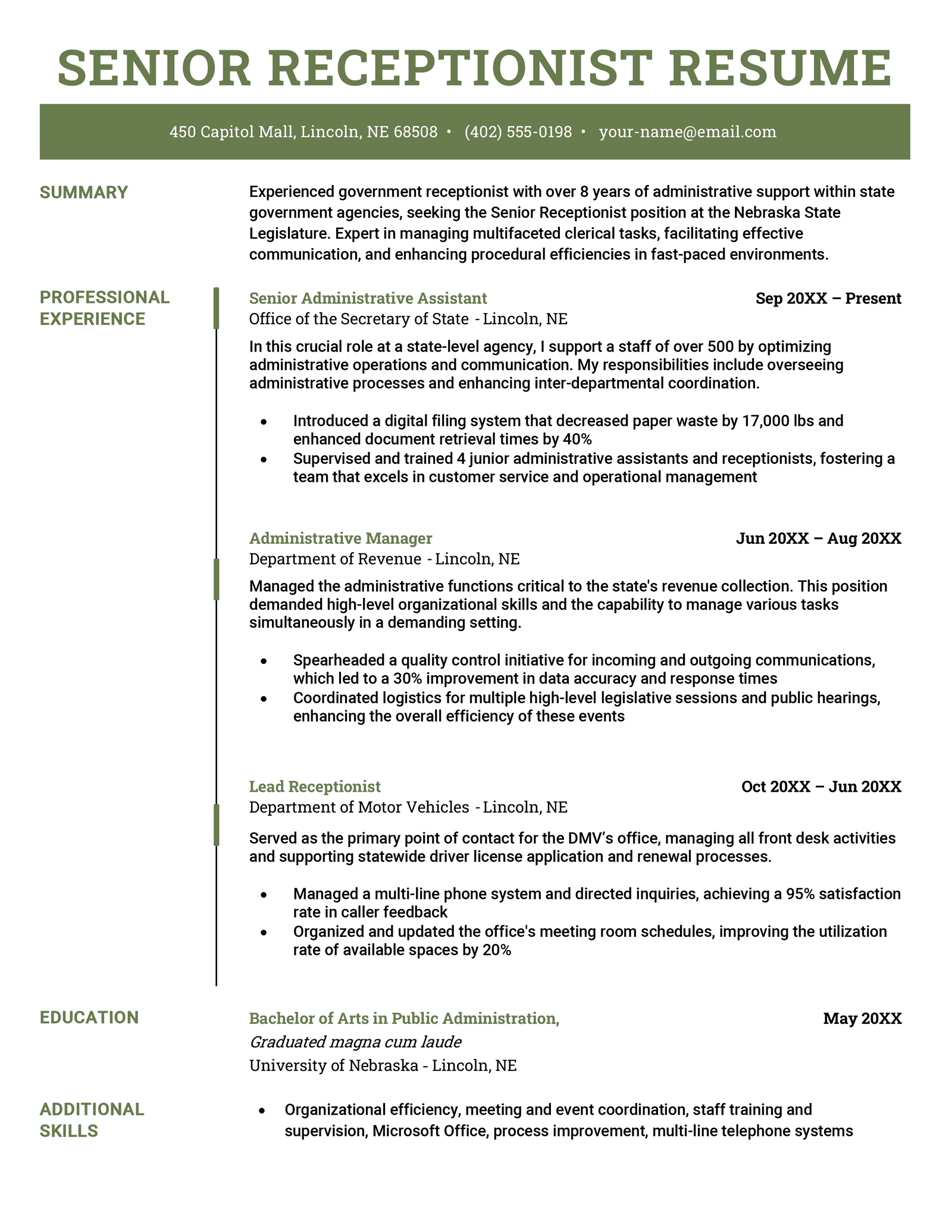 A green color scheme used for this senior receptionist resume example, showing the perfect balance of content and white space.