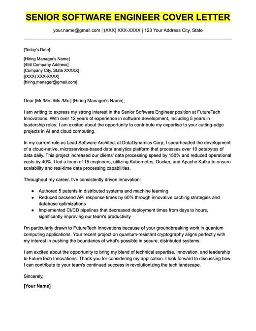 An example cover letter for a senior software engineer.