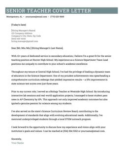An experienced teacher cover letter with a turquoise header.