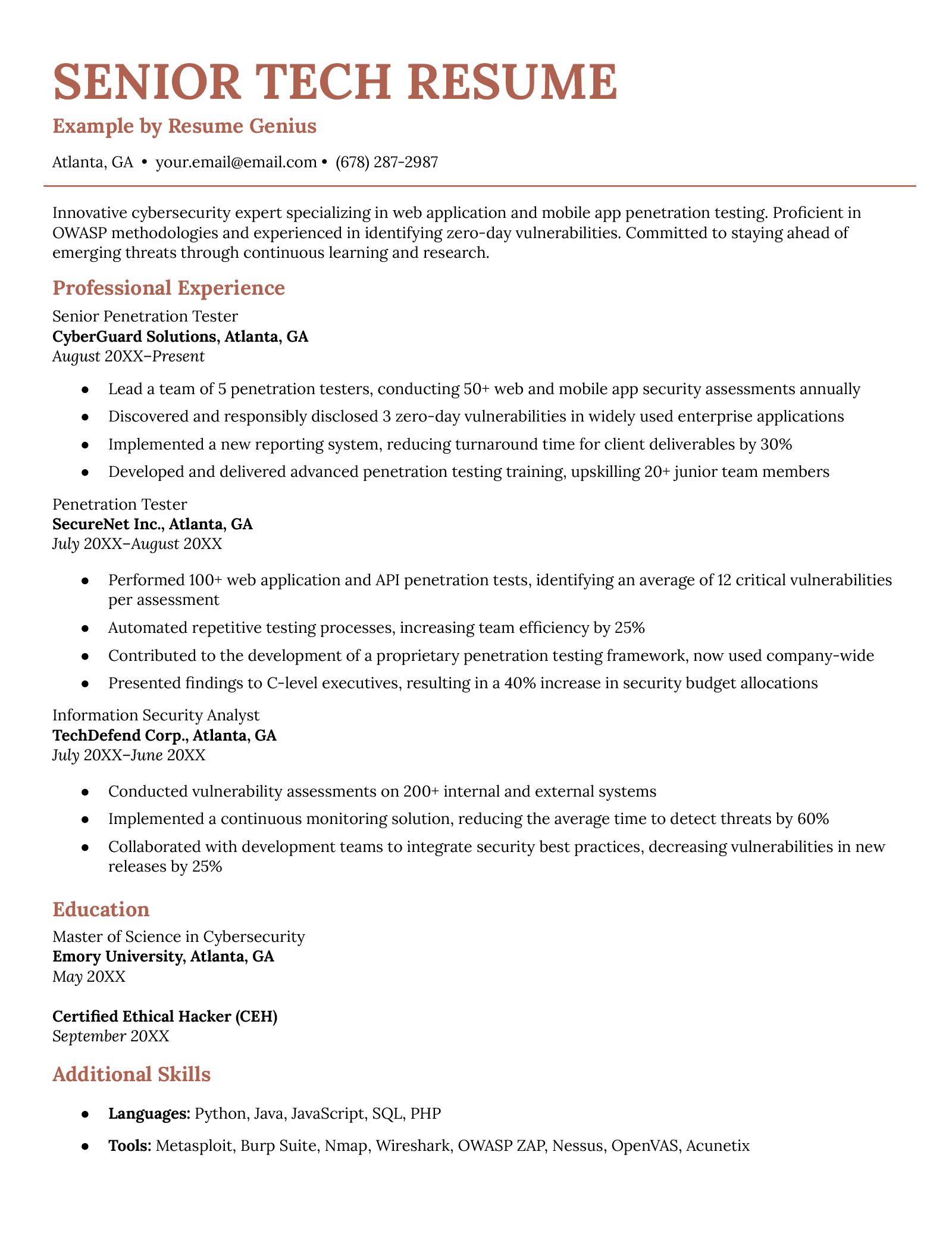 An example resume for a senior-level tech professional. 