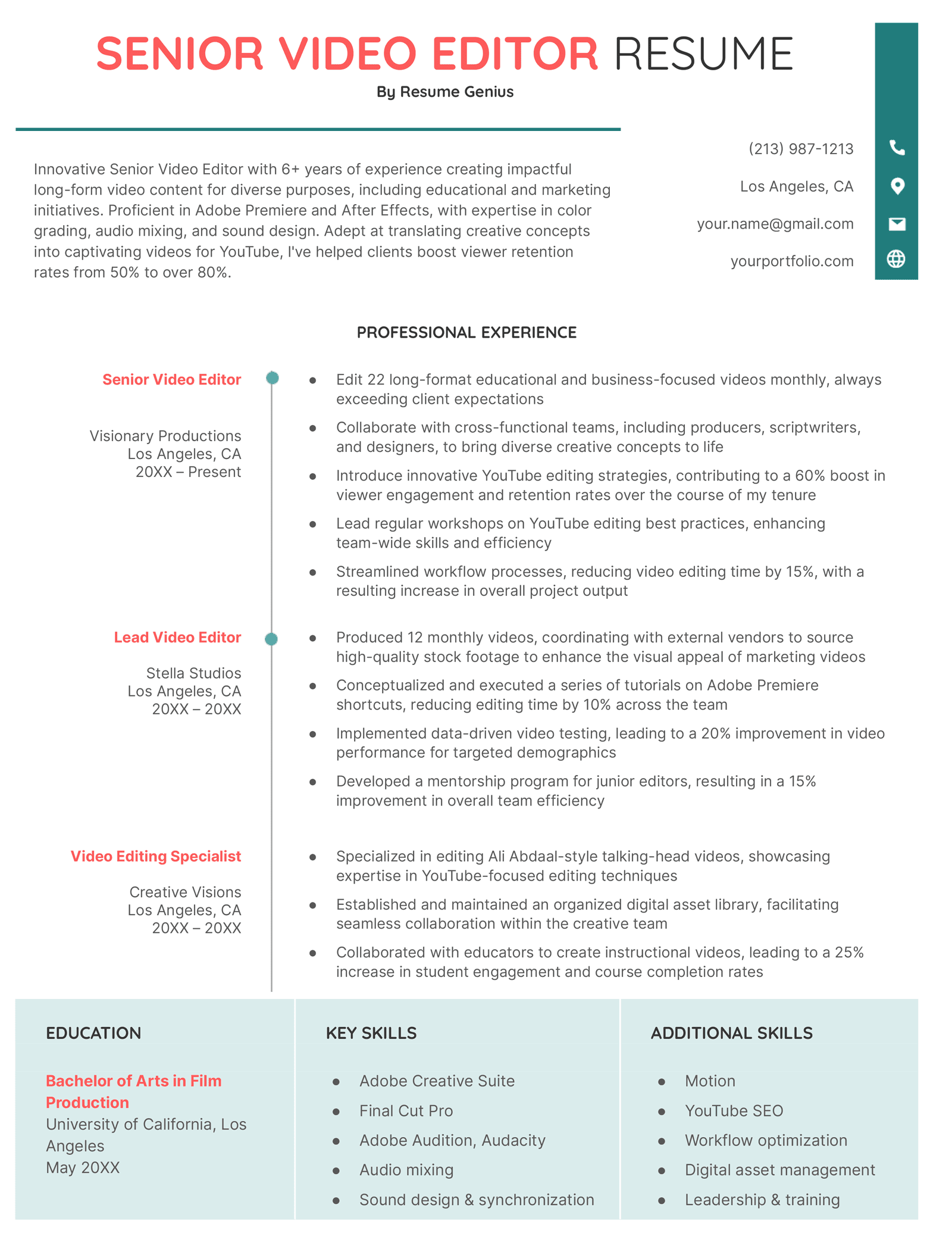 Senior video editor resume example using the Cute template in green.