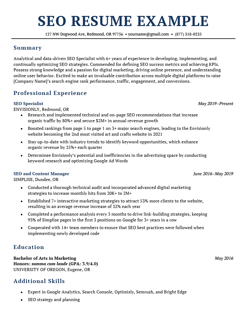 An SEO resume example with blue header text and simple but professional formatting