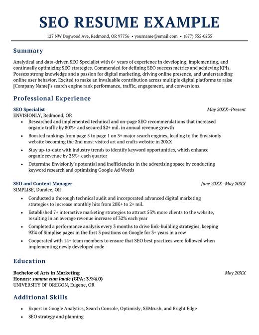 An SEO resume example with blue header text and simple but professional formatting