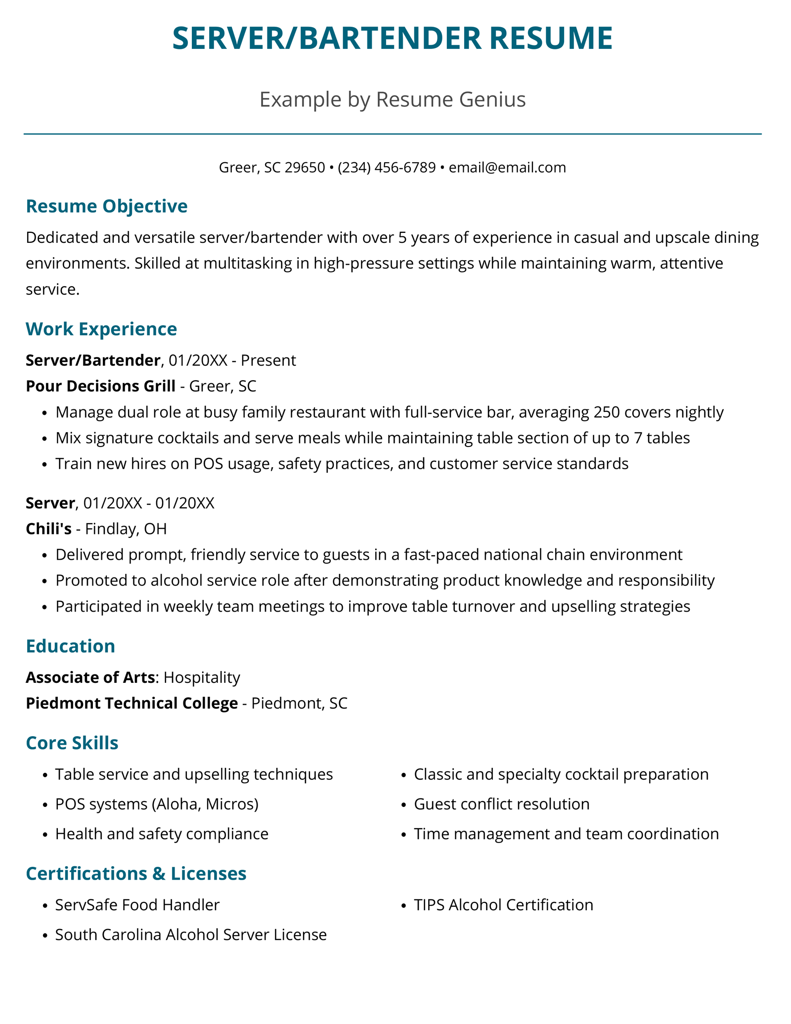 A server-bartender resume example.