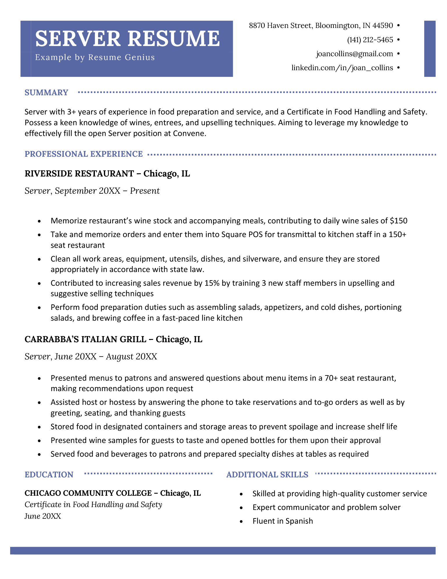 Server resume example with a traditional blue layout