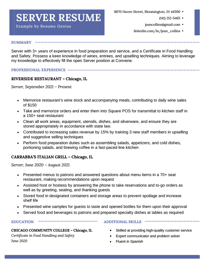 A server resume example on a blue and white template written by a candidate applying for a restaurant manager position