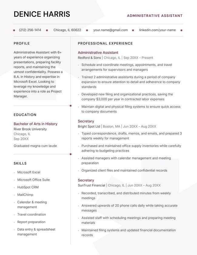 The Sharp two-column resume template in burgundy.