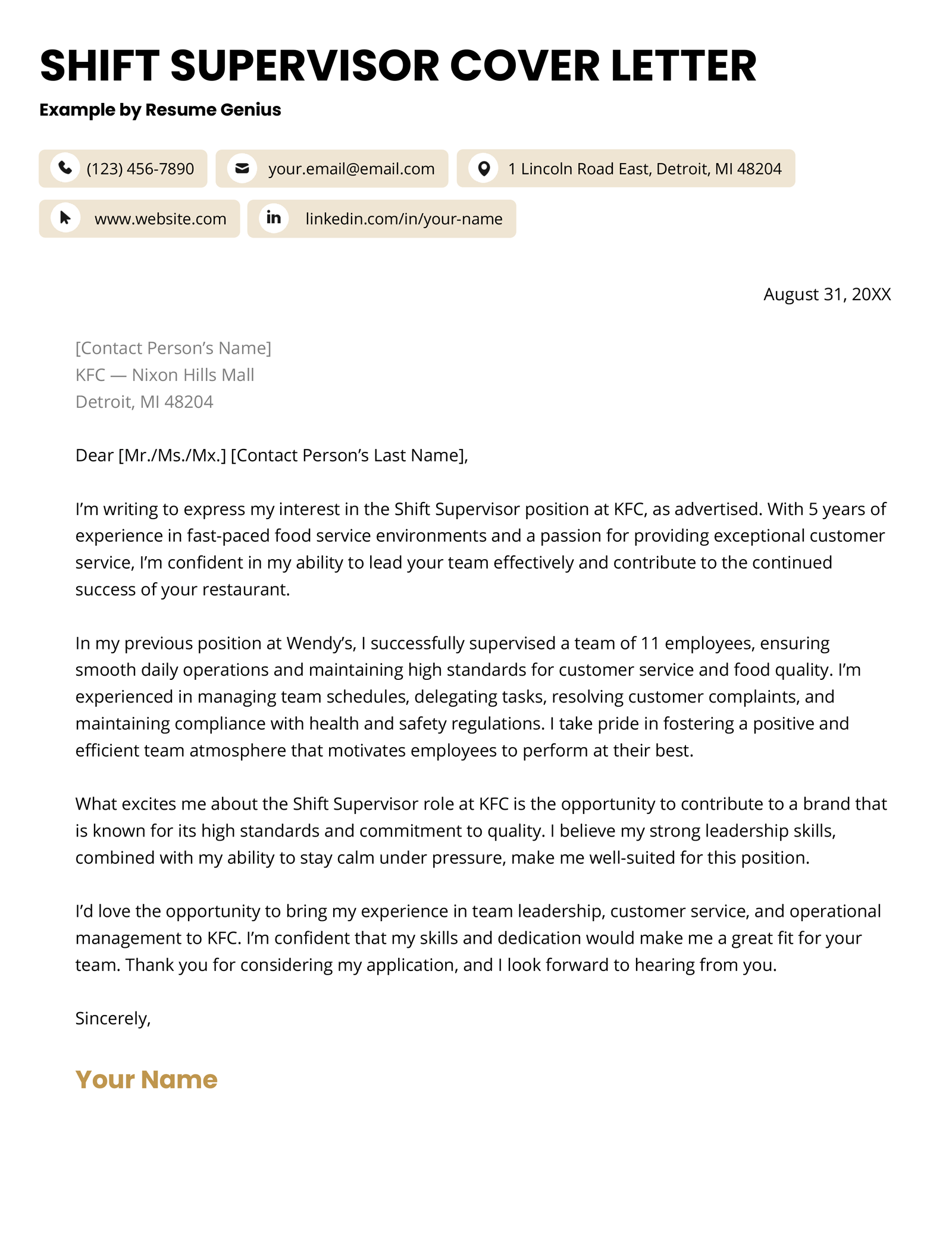 A shift supervisor cover letter example for a fast food role at KFC.