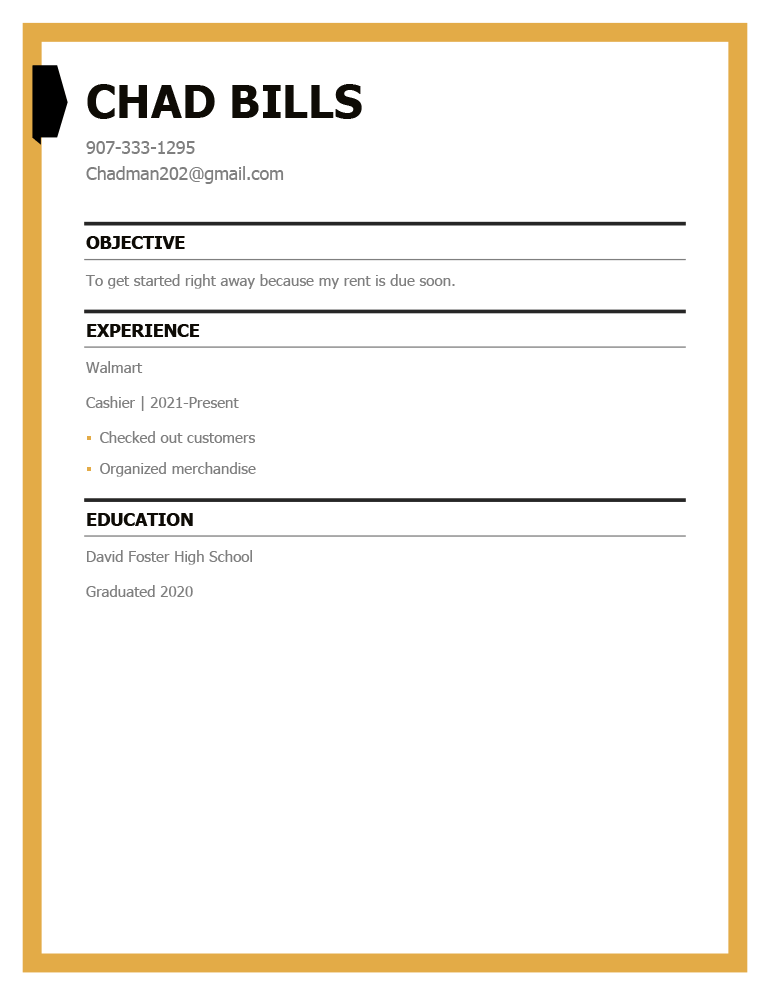 Example of a resume that's too short and looks unprofessional as a result.
