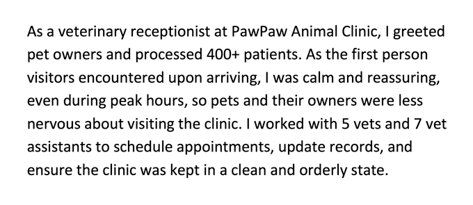 An excerpt from a veterinary assistant cover letter in which the applicant describes skills that qualifies them for the job, including customer service skills and verbal communication.