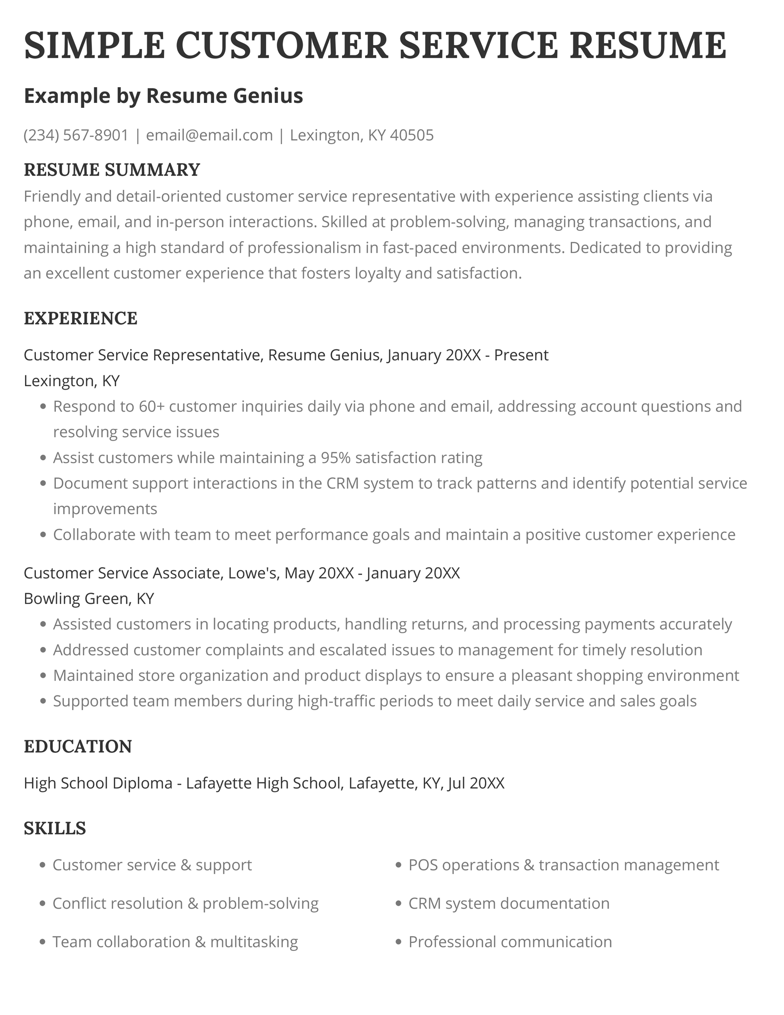 A simple customer service resume example.