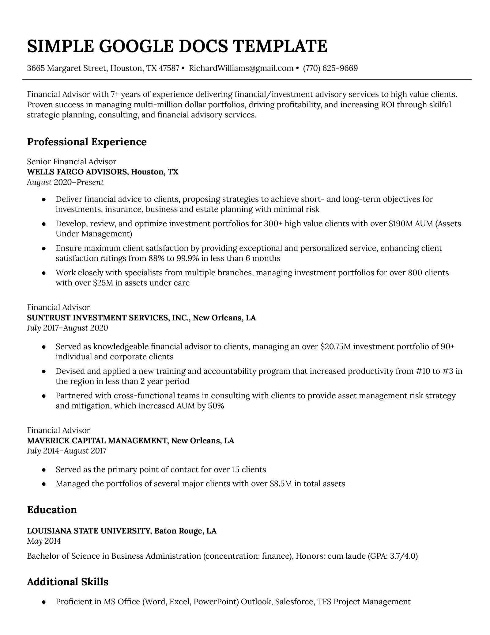 A simple resume template for Google Docs, with a basic black and white color scheme and formal design