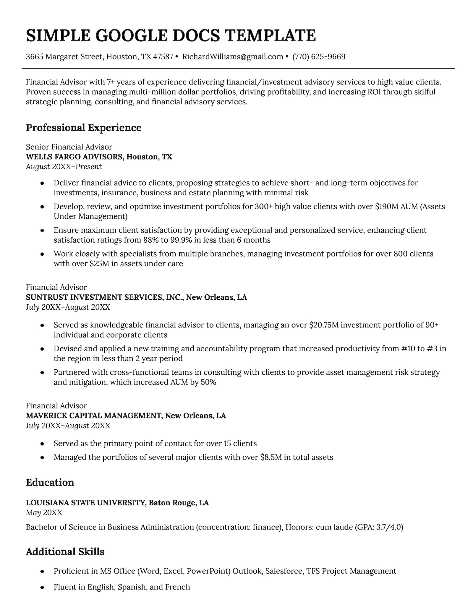 A simple resume template for Google Docs, with a basic black and white color scheme and formal design