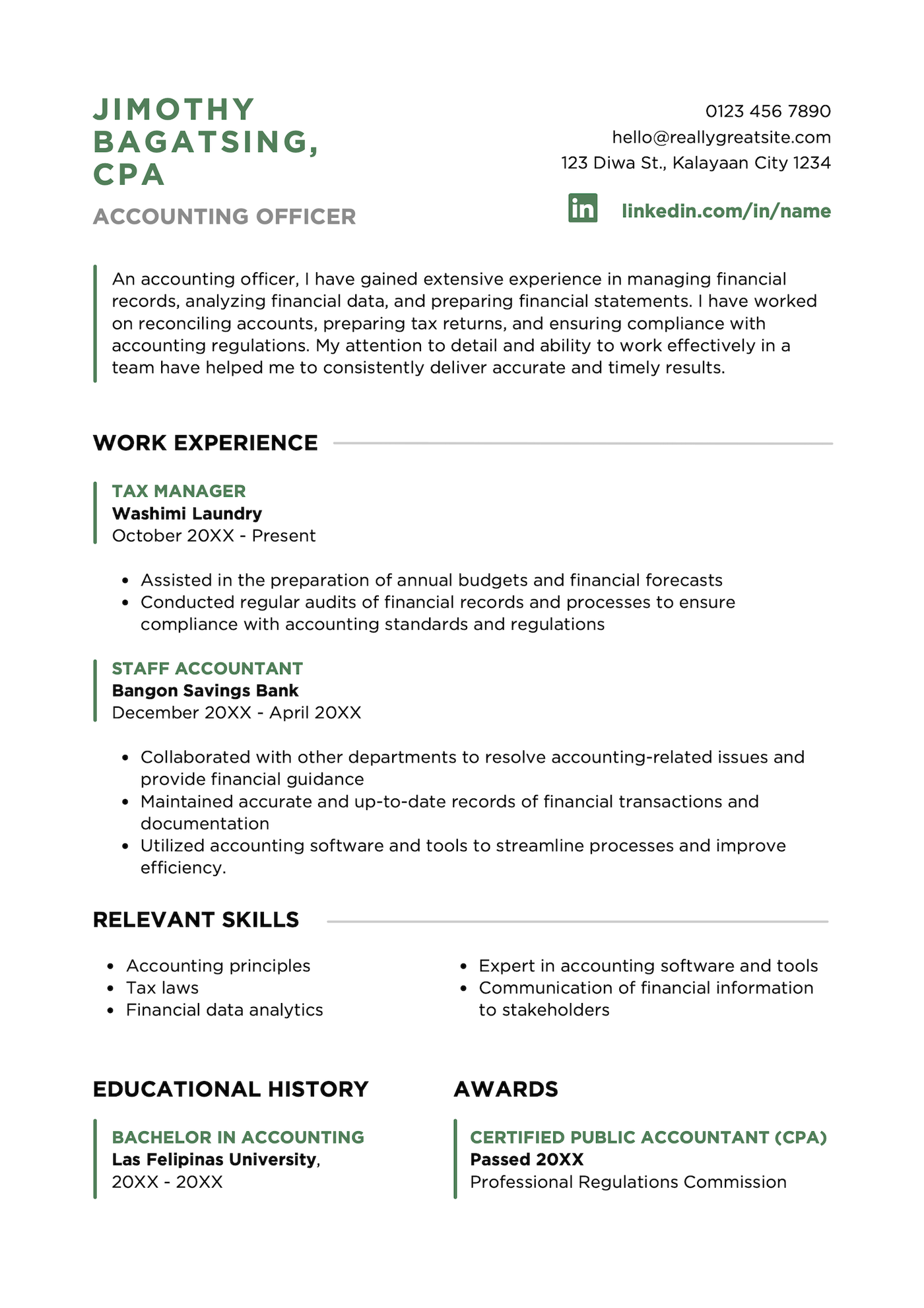 A simple green lined Canva resume template.